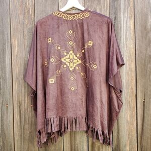 Brown Poncho with Fringe and Geometric Design